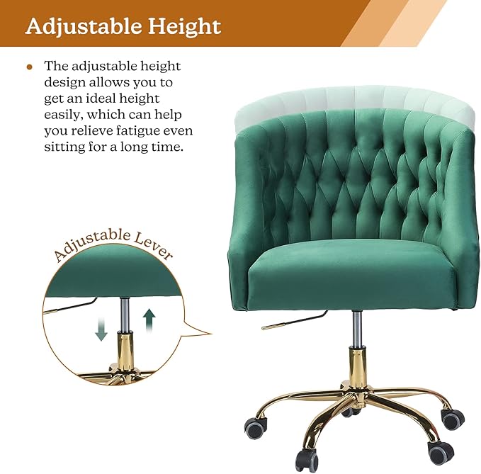 Velvet Home Office Chair with Gold Base Comfortable Modern Cute Desk Chair Adjustable Swivel Task Chair for Living Room Bedroom Vanity Study Green