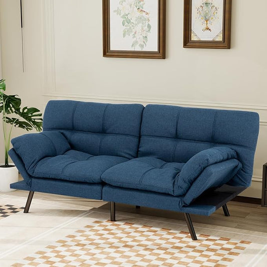MUUEGM Futon Sofa Bed Convertible CouchMemory Foam Futon Sofa CouchSleeper Futons Sofa CouchesSmall Splitback Modern Loveseat Sofa Bed for Living RoomOfficeApartmentLinen FabricBlue.