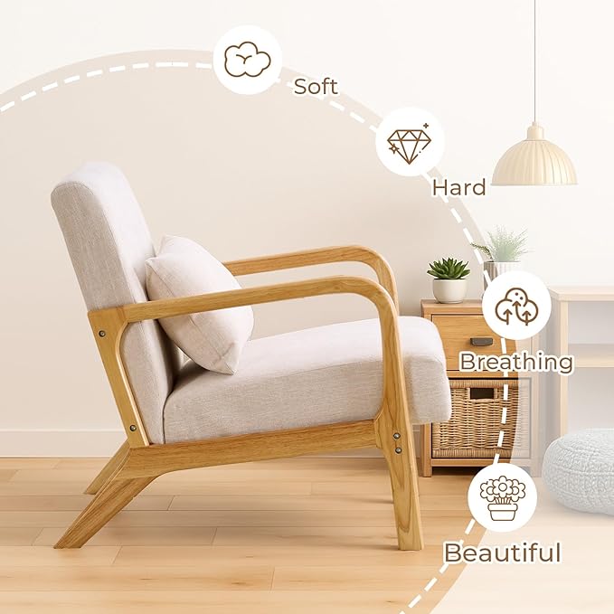 Joysoul Modern Accent Chair - Mid Century Modern Armchair with Waist Cushion &amp Solid Wood Frame Upholstered Lounge Chair for Living Room Bedroom Office(Cream)