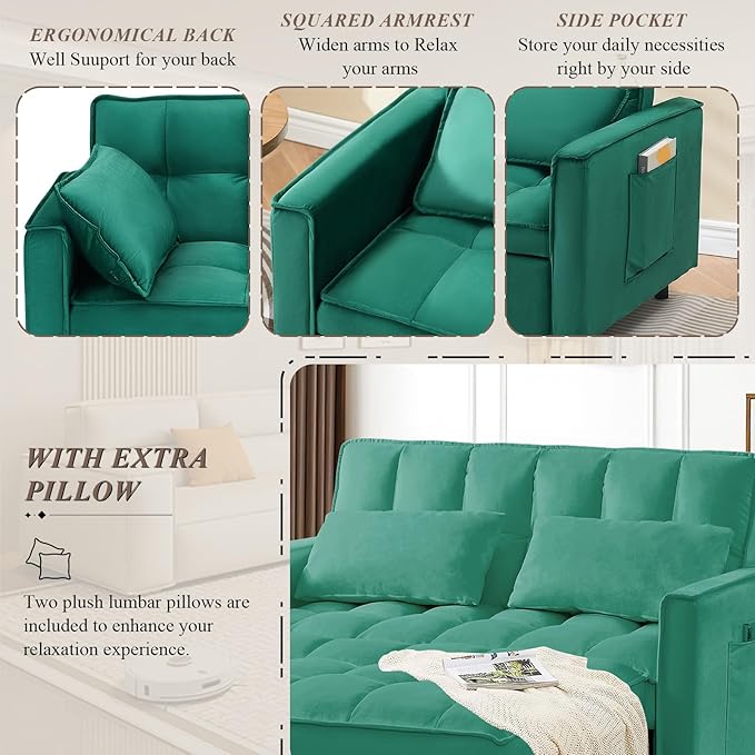 3 in 1 Convertible Sleeper Sofa Bed Futon Couches for Living Room with Side Pocket/Adjustable Backrest Velvet Upholstered Pull Out Couch Small Loveseat Sofa Bed for Bedroom Office Small Spaces