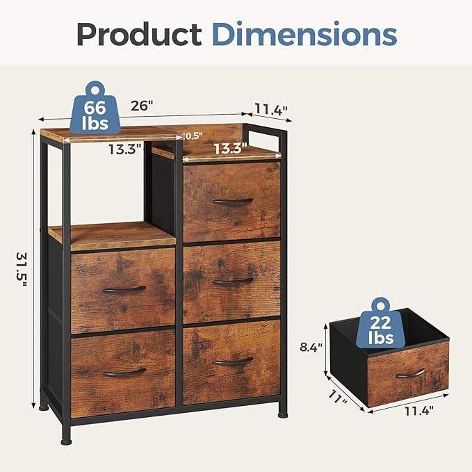 DUMOS 5-Drawer Chest of Drawers with Raised Shelf Storage Tower with Fabric Bins for Closet Organization Hallway Storage Brown