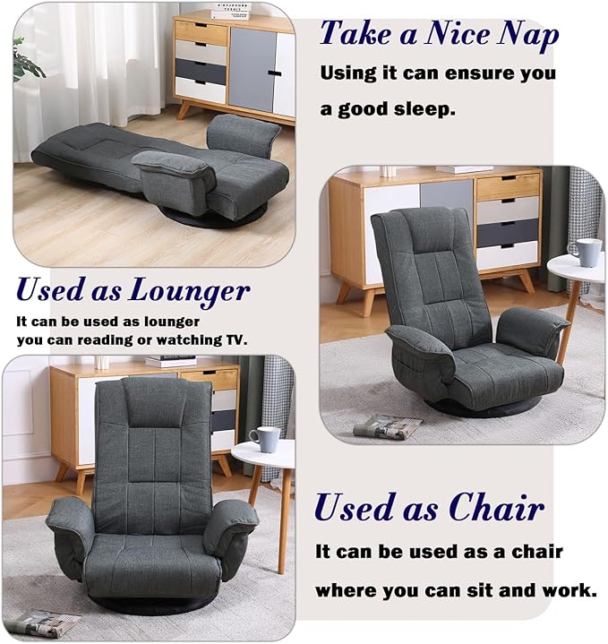 360 Degree Swivel Floor Chairs for Adults Gaming Floor Chair with Back Support 14 Angles Adjustable Comfortable Floor Lounge Chair Folding Video Game Chairs Office Bedroom 201 (Dark Grey)