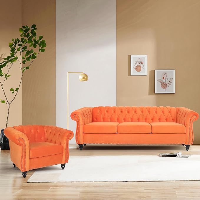 AVZEAR Living Room Accent Chair Upholstered Sofa Chair Single Sofa Chair with Tufted Back Velvet Chesterfield Sofa Chair for Living Room Apartment Orange