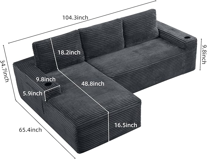 104 L Shaped Modular Sectional Sofa Cloud Sectional Couch with Deep Seats Built-in Cup Holders &amp Side Pockets Upholstered Boneless Modern Modular Sofa Couch with Chaise for Living Room Bedroom