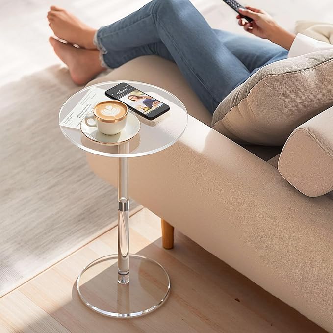 11.8 Round Clear Acrylic End Table - Modern Small Space Side Table for Living Room Bedroom Office Outdoor | Sturdy Easy to Install Multi-Purpose