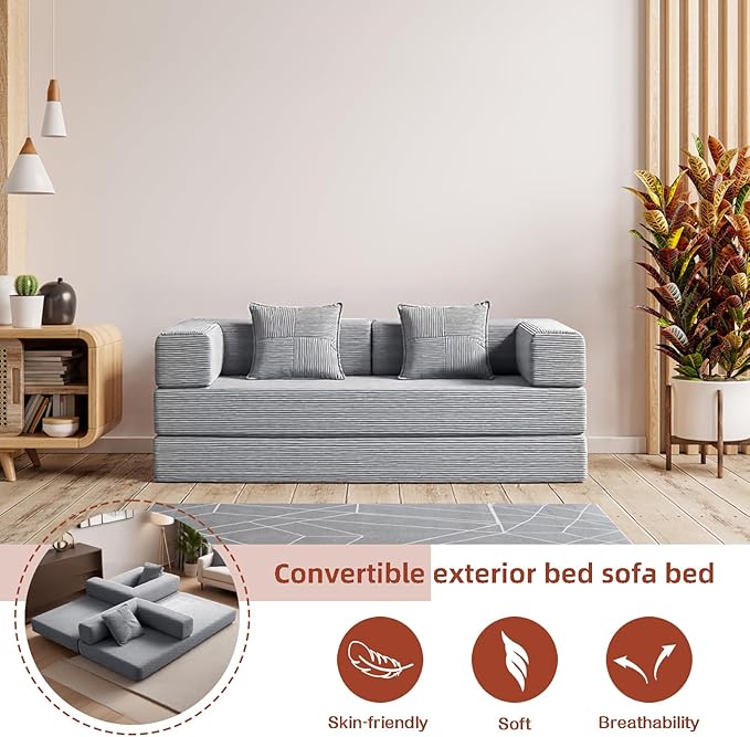 79 Convertible Sofa Bed with 2 Pillows Fixed-Shape Frame Removable Armrests Corduroy Boneless Futon Sofa Bed Modular Foldable Sleeper Couch for Living Room Bedroom Dorm（Beige Grey）