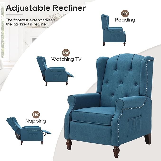 Wingback Recliner with Massage and Heat Tufted Fabric Push Back Recliner Chair for Living Room Vintage Wingback Chair with Remote Control Small Recliners for Small Spaces