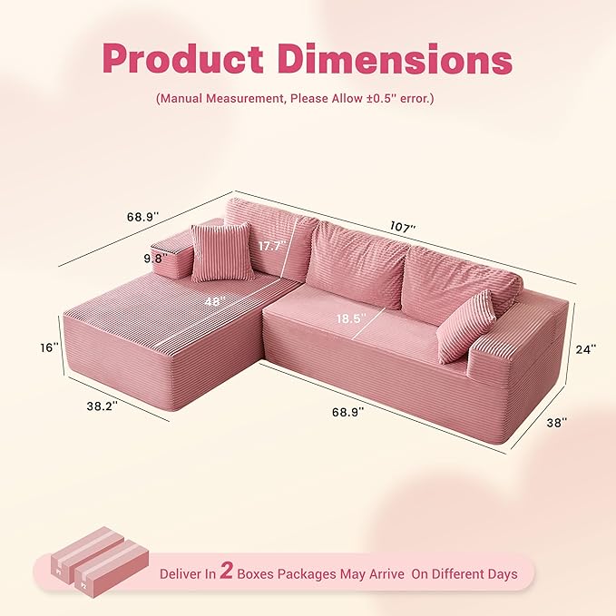107 Boneless Couch with Deep Seat Set of Modular Sectional Sofa Cloud Sectional Couch for Living Room No Assembly Required Corduroy L-Shape Left Pink