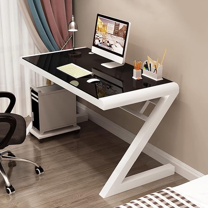 Tempered Glass Computer Desk Modern Design Student Writing Desk Study Desk Home Office Desk Gaming Desk Personal Workstation with Z-Shaped Metal Frame(47 Inch Black &amp White)