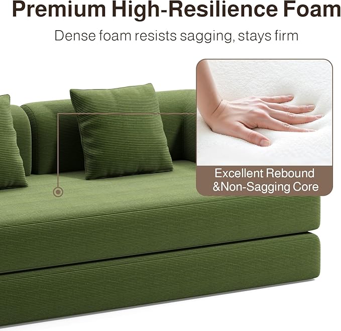 Ahomly 78.8'' Convertible Sofa Bed5-in-1 Boneless Couch with Removable ArmrestsFolding Futon Sofa Bed Includes 2 PillowsComfy Pull Out Couch for Living RoomNo Assembly RequiredGreen