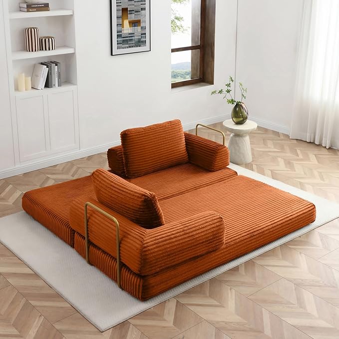 Convertible Folding Sofa Bed Modern Futon Sleeper Sofa Fold Out Couch Bed with Gold Fixed Frame Modular Floor Sofas Comfy Corduroy Boneless Couches for Living Room (80 Orange)