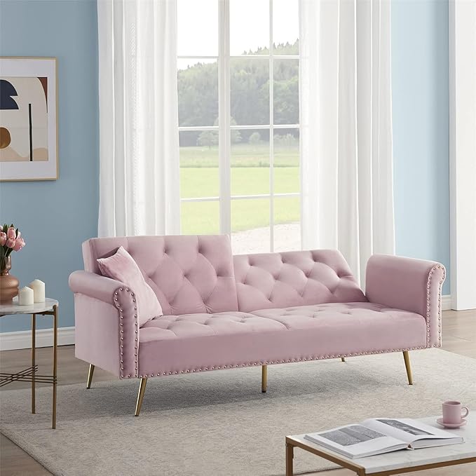 69.7'' Convertible Velvet Sleeper Sofa Bed Upholstered Futon Couch with Nail Head Trim and 2 Matching Throw Pillow for Living Room Bedroom Home Office (Pink)