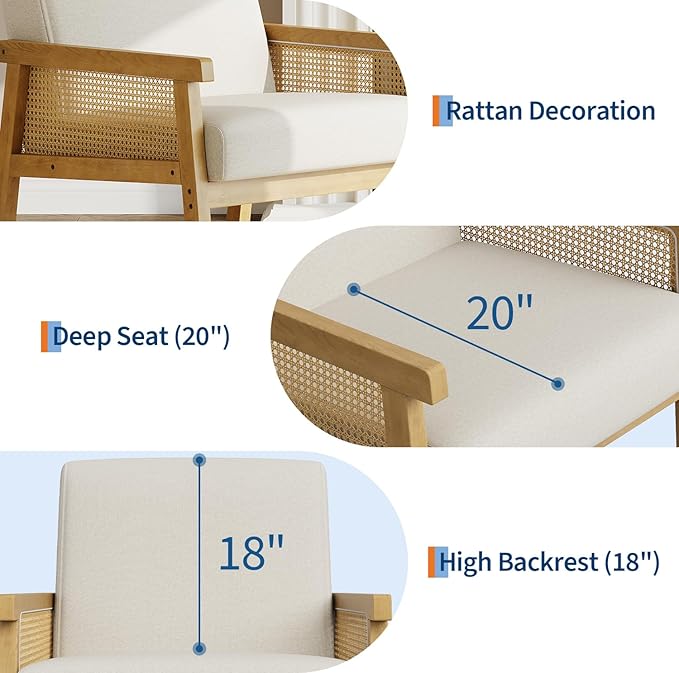 GAOMON Mid Century Linen Fabric Accent Chair Rattan Armchair with Wooden Armrest and Legs Modern Lounge Chair for Living Room/Bedroom/Reading Room/Waiting Room Beige