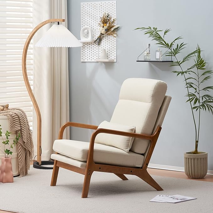 Accent Chair for Living Room Mid-Century Modern Lounge Chair with Solid Wood Legs Comfortable Reading Armchair with High Back for Office Apartment Bedroom Waiting Room Beige