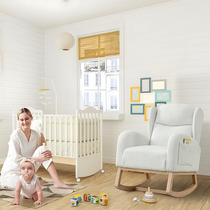 Rocking Glider Chair for Nursery Wingback Teddy Accent Rocker Chair Upholstered Tall Back Arm Chair w/Side Pockets Modern Leisure Single Sofa for Living Room Hotel Bedroom Baby Room Ivory