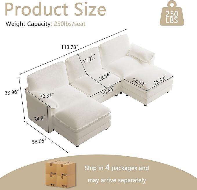 114 U Shaped Cloud Couch Sectionals Comfy Beige White Sectional Couches for Living Room Modern Fluffy Oversized Modular Sofas with Ottoman Chenille Large Big 5 Seat Sofa Set