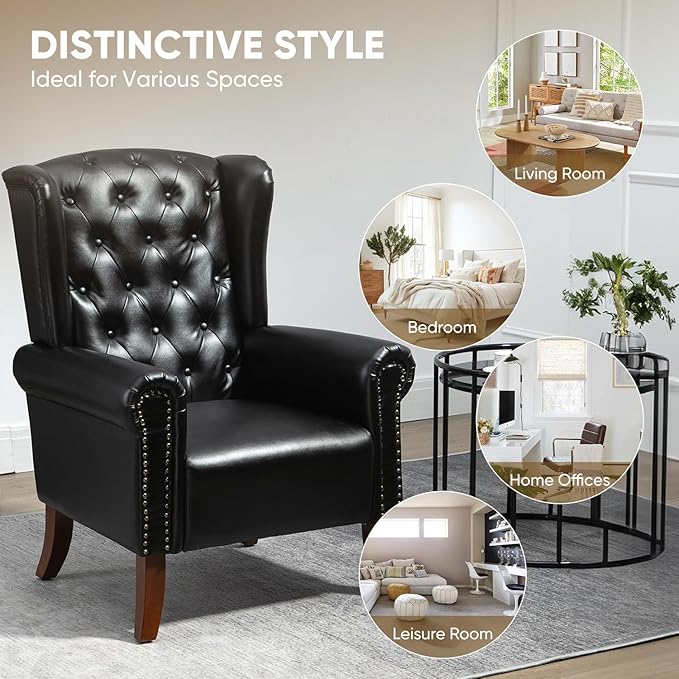 MOJAY Faux Leather Accent Chairs Set of 2 Mid-Century Modern Living Room Chairs Upholstered Club Arm Chair Single Sofa Chair with Solid Wooden Legs for Bedroom Study Home Office Lounges (Black)