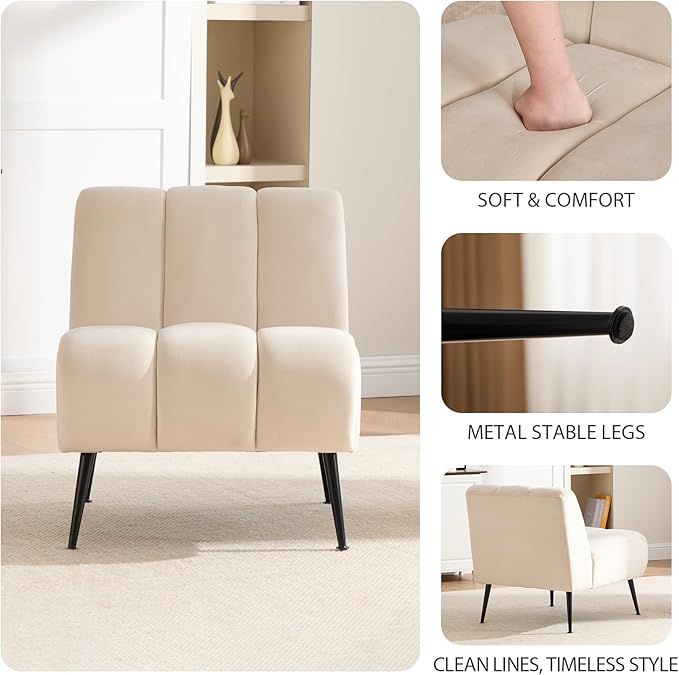 Armless Accent Velvet Chairs Set of 2 Single Sofa Chair Mini Cute Side Sofa with Upholstered Cushion for Small Space Apartment Bedroom Living Room Beige.
