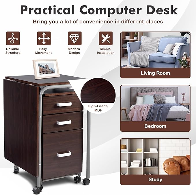 Foldable Computer Laptop Desk w/ 3 Drawers Wheeled Laptop Desk with Metal Frame Space Saving Folding Desk with Rolling Wheels for Home Office Small Space (Brown)