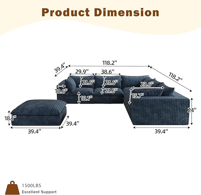 118.2 Modern V Shaped Corner Sofa Comfy Modular Sectional Cloud Couch with Plush Corduroy Fabric Deep Seat Upholstered Sofa Boneless Couches for Living Room No Assembly (Blue + Ottoman)