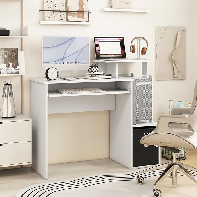 Computer Desk with Drawer 39.5’’ Writing Desk with Storage Shelf Keyboard Tray Study Table for Kids Rooms Wood Vanity Makeup Table Small Desk for Bedroom Living Room Home Office (White)