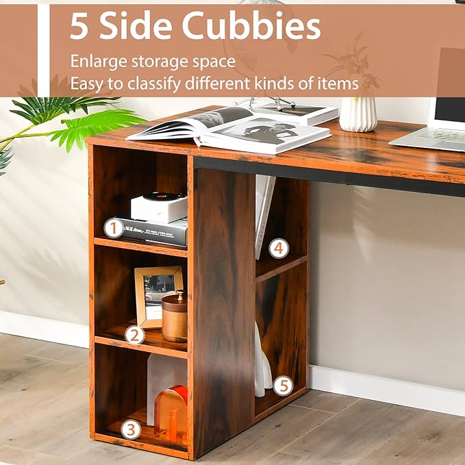 Computer Desk with Storage Writing Desk with 5 Open Shelves &amp Metal Frame Work Desk for Home Office Study Desk for Bedroom Small Desks for Small Spaces (Rustic Brown)