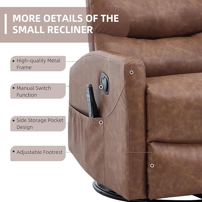 PELUMY 360° Swivel Rocker Recliner with Heat &amp Vibration Massage Glider Rocking Chair for Adults Compact Recliner for Living Room Small Spaces Nursery Bedroom (Breathable Leather Earth Yello