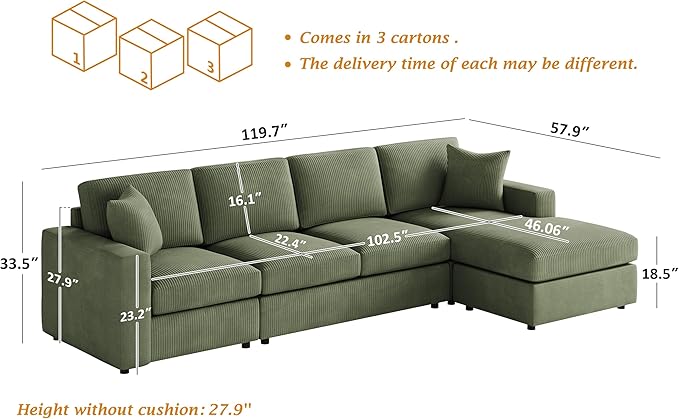 VANOMi 119 L-Shaped Sectional Sofa with Reversible Chaise Modern Corduroy Couch with Deep Seats 4-Seater Upholstered Sofa for Living Room or Apartment Green