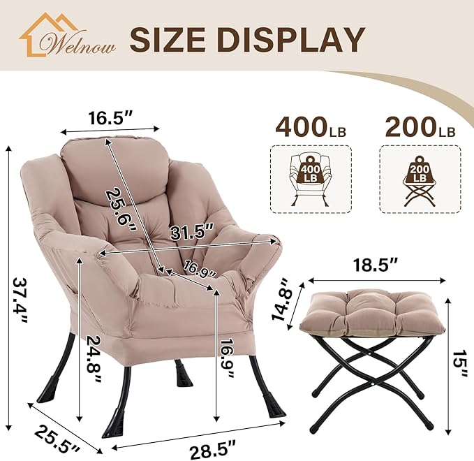 Welnow Lazy Chair with Ottoman Modern Reading Accent Chair with Armrests and a Side Pocket Leisure Upholstered Lazy Sofa Set with Footrest for Small Space Khaki