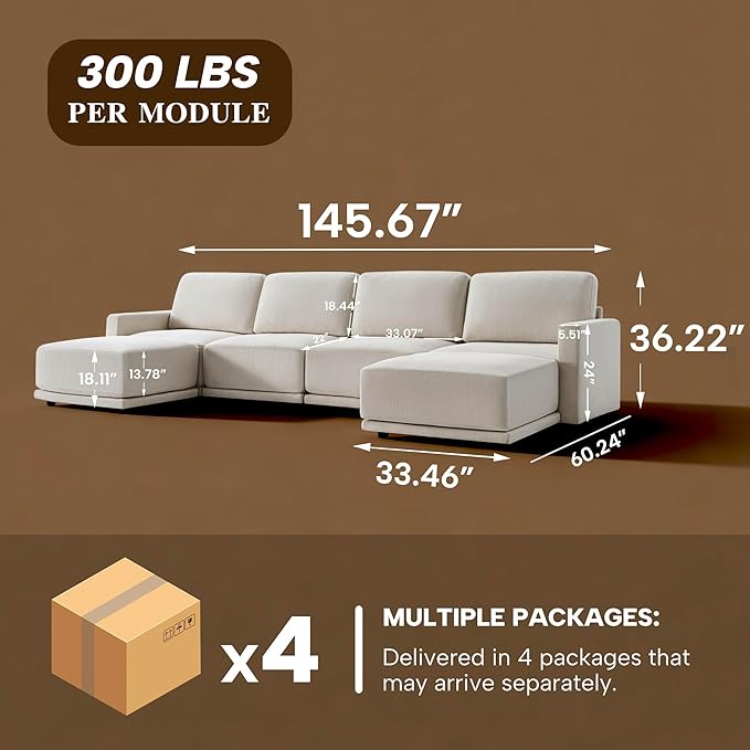 146 Modular Sectional Couches for Living Room U-Shaped Modern Sofa with Ottomans 6-Piece Chenille Sofa Set for Home Furniture Beige