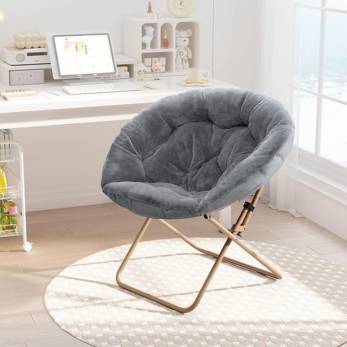 Cozy Saucer Chair Living Room Chair Faux Fur Soft Thick Padded Seat Metal Frame Folding Chair Comfortable Moon Chair for Living Room Bedroom Reading Nook Modern Style 1 Pack Gray