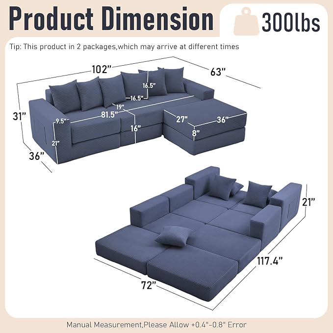 102 Upgraded L-shaped Modular Sectional Couches for Living Room Convertible Oversized Sleeper Sofa Bed-Luxury 1.5 Queen Bed. 11-in-1 Multifunctional Corduroy Boneless Folding Futon Couch Blue.