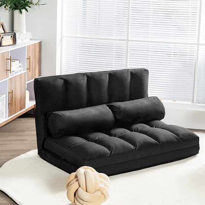 KOMFOTT Adjustable Floor Sofa Bed Foldable Lazy Sofa Sleeper Bed with 6 Position Backrest &amp 2 Pillows Convertible Futon Couch Bed with Suede Cloth Cover Lounge Recliner for Living Room (Black)