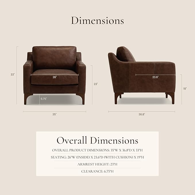 Poly &amp BARK Sorrento Leather Lounge Chair – Full-Grain Chocolate Brown Leather Upholstery with Feather-Blend Cushions – Modern Upholstered Accent Chair for Bedroom or Living Room – Lounge Seating