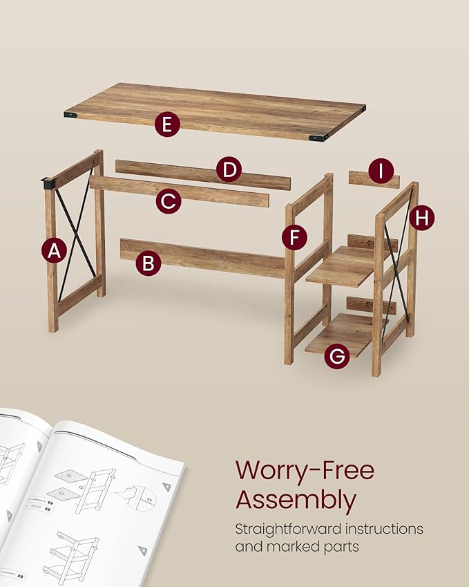 VASAGLE Computer Desk Home Office Desk with Storage Shelves on Right or Left Farmhouse for Work Study Gaming Writing 23.6 x 47.2 x 29.5 Inches Honey Brown ULWDAM090T41