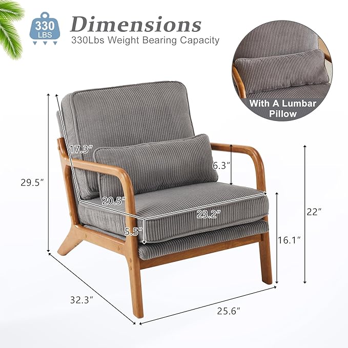 VINGLI Upgraded Premium Corduroy Accent Chairs Set of 2Upholstered Arm ChairSolid Wood Comfy Reading Chair with Lumbar Pillow Mid Century Modern Chairs for Living RoomBedroomLight Grey