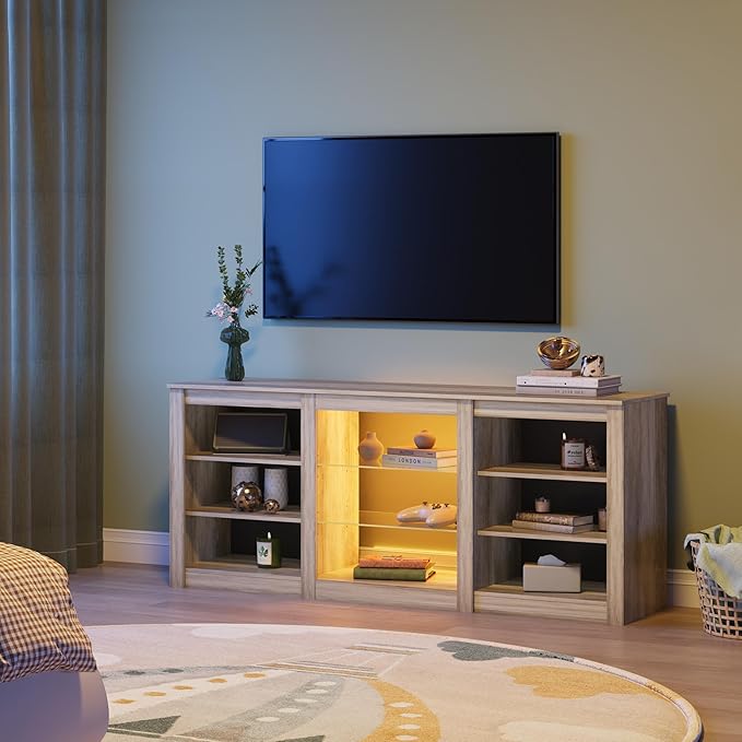 WLIVE Modern TV Stand for 65 Inch TV Entertainment Center with Adjustable Open Shelves &amp RGB LED Lights Sturdy Media Console for Living Room BedroomGaming(Gray Oak)