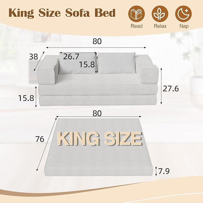 80 Convertible Folding Sofa Bed 4-in-1 DIY Combination Fold Out Sleeper Sofa Bed King Size Loveseat sleeper Couch w/ Removable Armrests Chenille Floor Couch Small couches for small spaces (Beige)