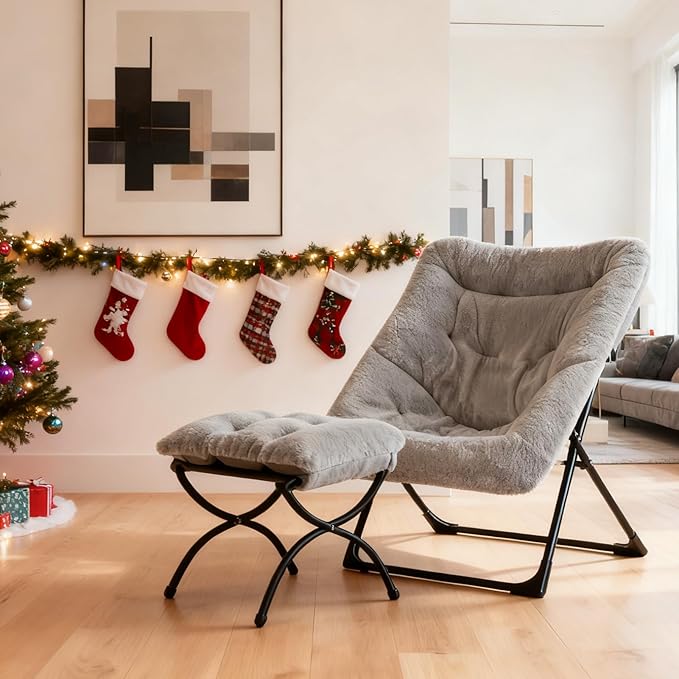 HollyHOME X-Large Saucer Chair with Foldable Ottoman Comfy Oversized Folding Chair and Folding Footrest Stool Set Faux-Fur Reading Chair and Footstool for Living Room Bedroom Grey Chair&ampStool