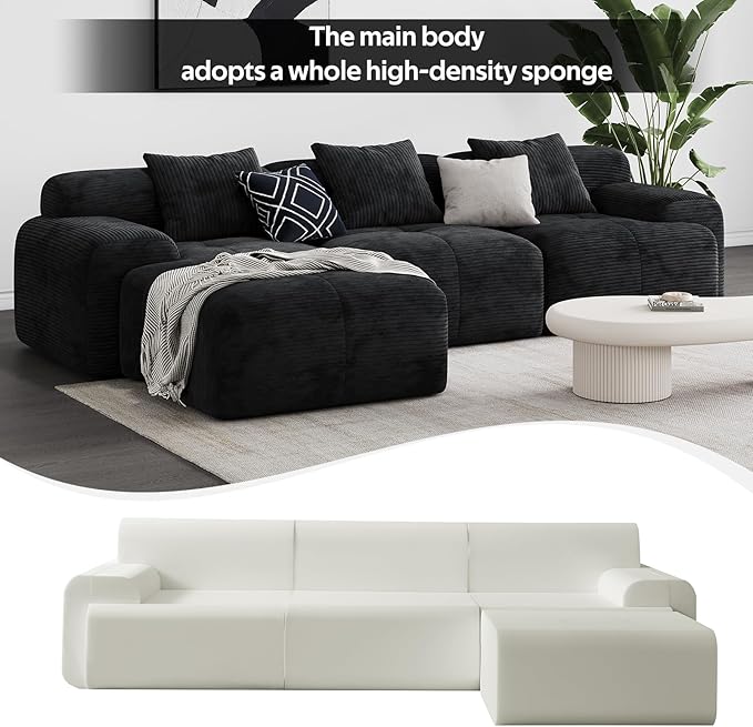 Modern L-Shaped Modular Sectional Sofa for Living RoomOversized 3-Seater Couch with Deep Seat and Movable Ottoman – No AssemblyComfortable Corduroy Fabric Boneless Sofa(Dark Gray) (Black)
