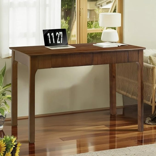 39.4'' Solid Wood Desk with 2 Drawers Mid Century Modern Home Writing Office Small Wooden Desk Vintage Computer Table with Storage for Living Room Bedroom Fluted Design Walnut(Walnut 39.4 Inch)