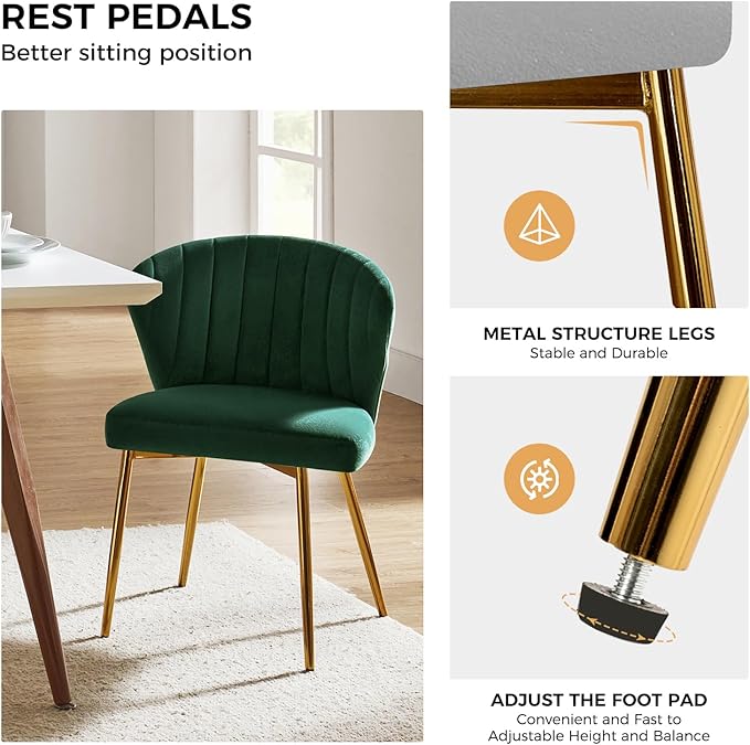 HULALA HOME Dining Chairs Set of 2 Velvet Upholstered Kitchen &amp Dining Room Chairs with Metal Legs Vanity Chair Armless Side Chairs for Living Room Bedroom Makeup Room Channel Curved Backrest Gr