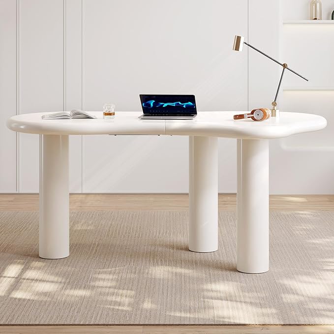 Guyii 62 Modern Home Office Desk White Computer Desk Study Table Simple Console Table with 3 Legs Large Gaming Desk for Study Room Iregular