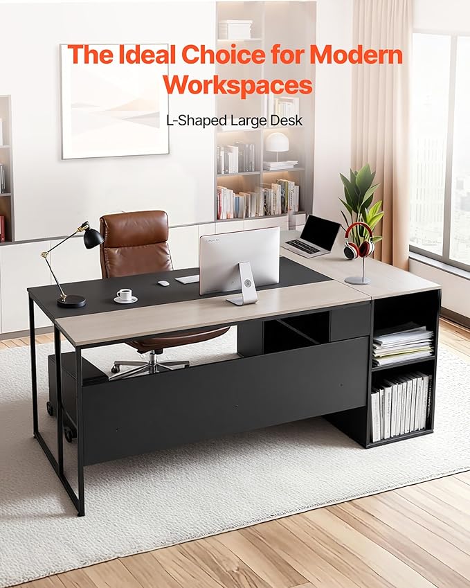 VEVOR 71 L-Shaped Executive Desk Large Computer Desk with Drawers File Storage Cabinet CPU Stand 350 LBS Load Capacity Corner Table Easy Assembly for Work Study