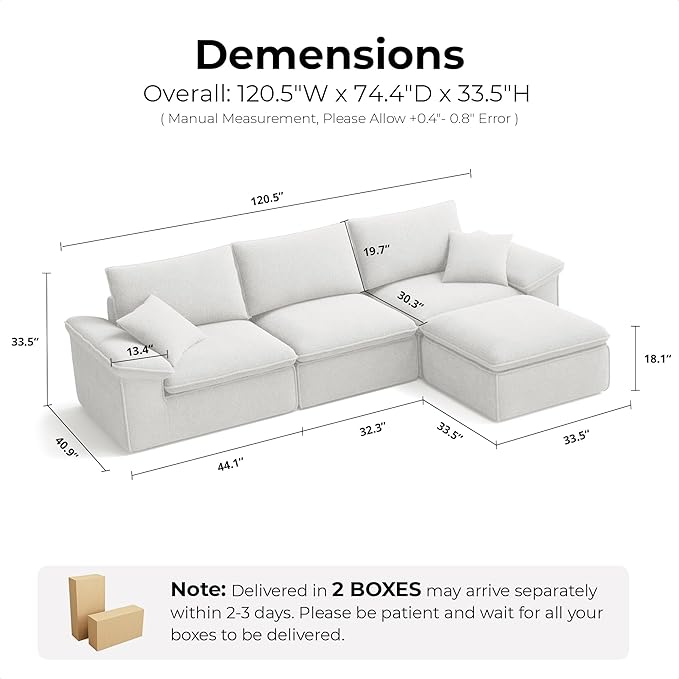 LIKIMIO 120 L-Shaped Modular Sectional Sofa Cloud Sectional Couch with Deep Seat Comfy Teddy Upholstery Oversized 3-Seater with Ottoman Boneless Couch for Living Room No Assembly White