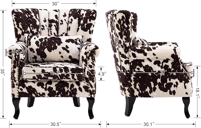 Mid Century Modern Accent Chair Upholstered Armchair Comfy Western Fabric Single Sofa with Lined Wingback for Small Spaces Bedroom Living Room Cow 30.1D x 30.5W x 35H in