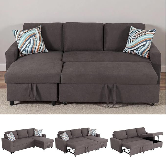 83 Inch Pull Out Couch Convertible Sofa Bed for Living Room Comfortable Sleeper Sofa with Pull Out Bed Modern Sectional Couches with Storage Chaise Easy Assembly for Apartment Dark Brown