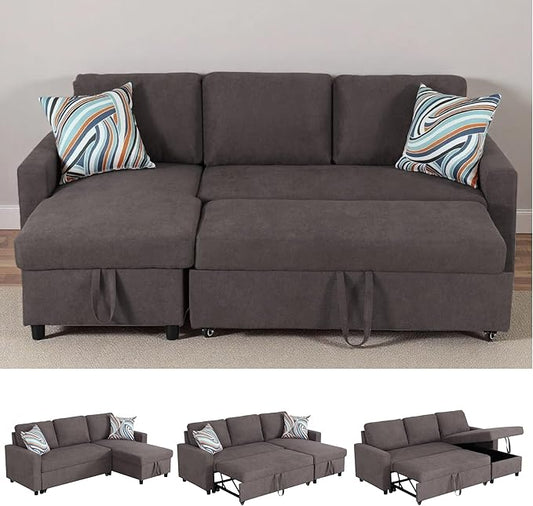 83 Inch Pull Out Couch Convertible Sofa Bed for Living Room Comfortable Sleeper Sofa with Pull Out Bed Modern Sectional Couches with Storage Chaise Easy Assembly for Apartment Dark Brown