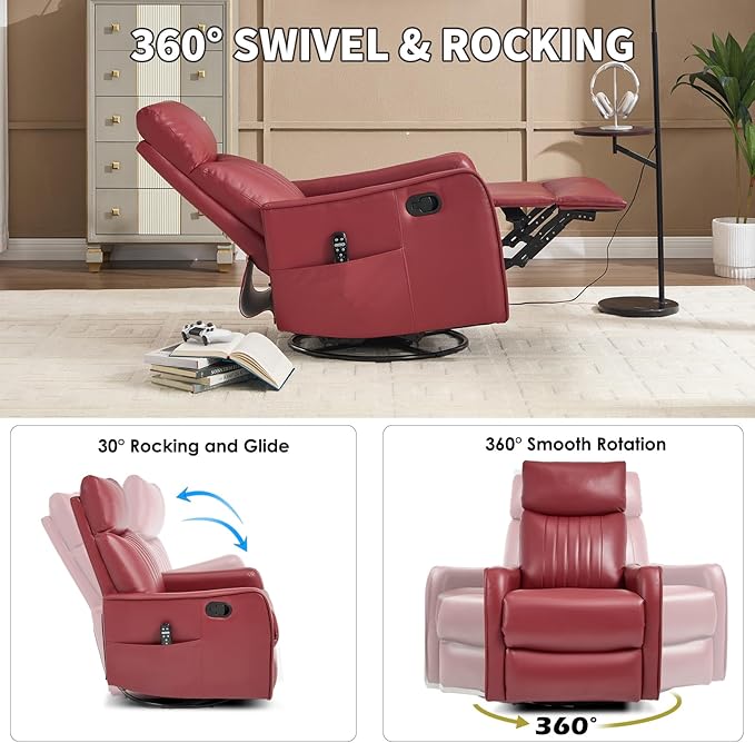 Swivel Rocker Recliner Chair 360° Swivel Recliner with Heat and Massage Rocker Recliner Nursery Glider Chair with Side Pockets for Living Room (Red Faux Leather)