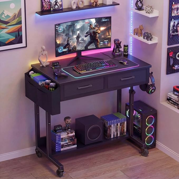 Small Portable Rolling Standing Desk - 32 Inch Adjustable Mobile Stand Up Gaming Desks with 2 Fabric Drawers on Wheels Couch Sofa Side Laptop Table with Storage for Home Office Black